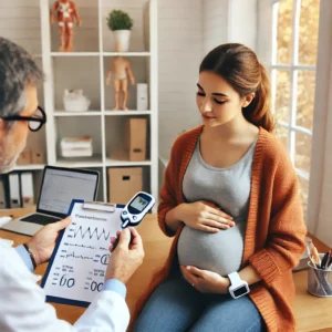 Pregnant woman consulting a doctor about managing post-IVF gestational diabetes, checking blood sugar with a blank-screen glucometer.