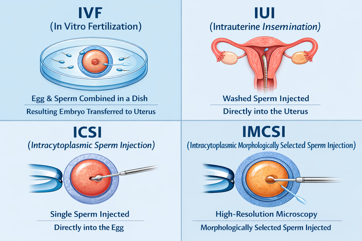 Difference between IVF, IUI, ICSI & IMCSI