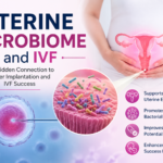 Uterine microbiome and IVF illustration showing the uterus, beneficial bacteria, embryo implantation, and IVF laboratory procedures.