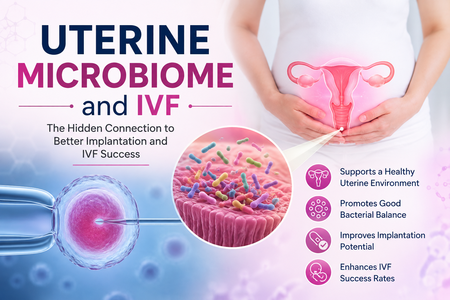 Uterine microbiome and IVF illustration showing the uterus, beneficial bacteria, embryo implantation, and IVF laboratory procedures.