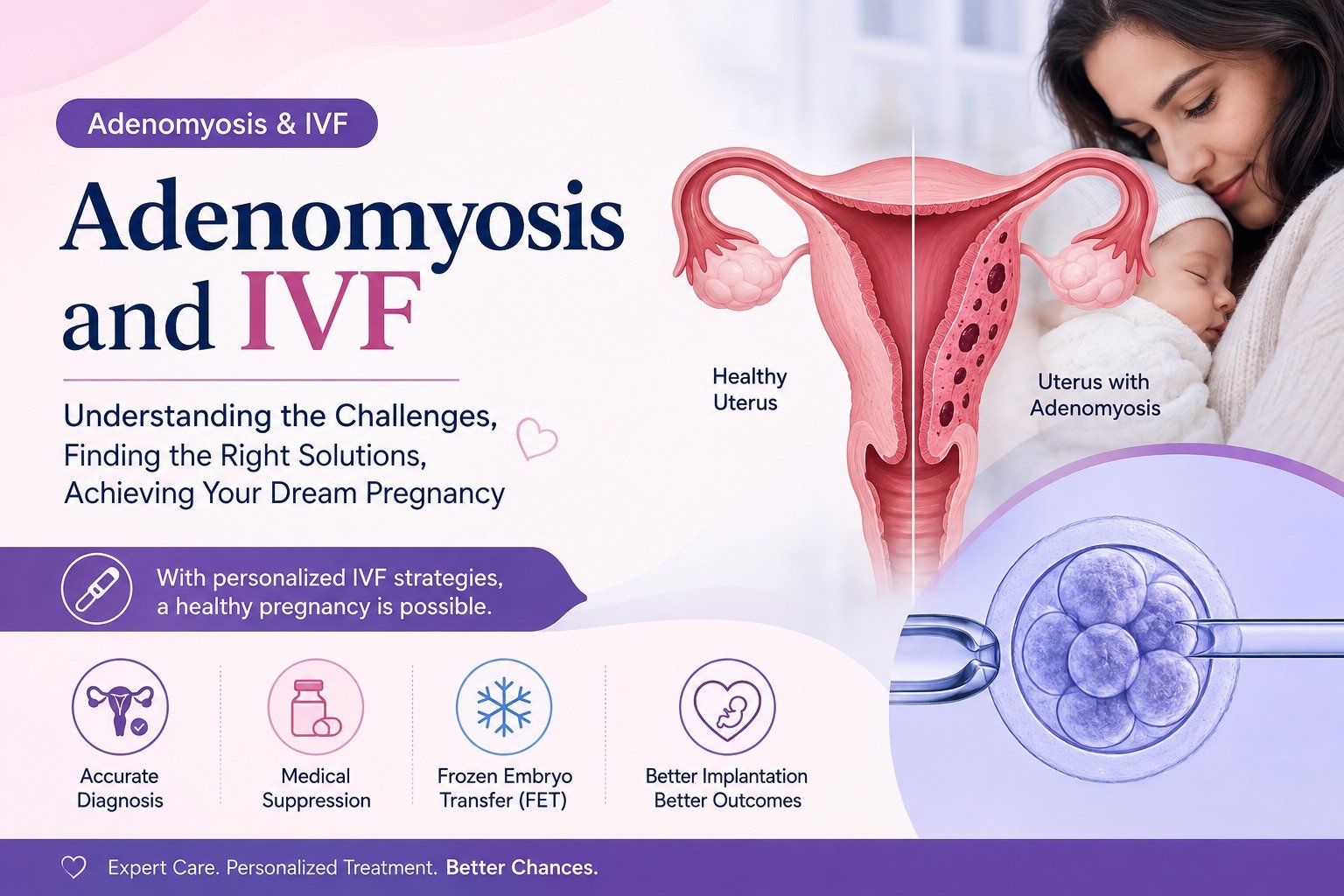 Adenomyosis and IVF treatment showing healthy uterus and uterus affected by adenomyosis