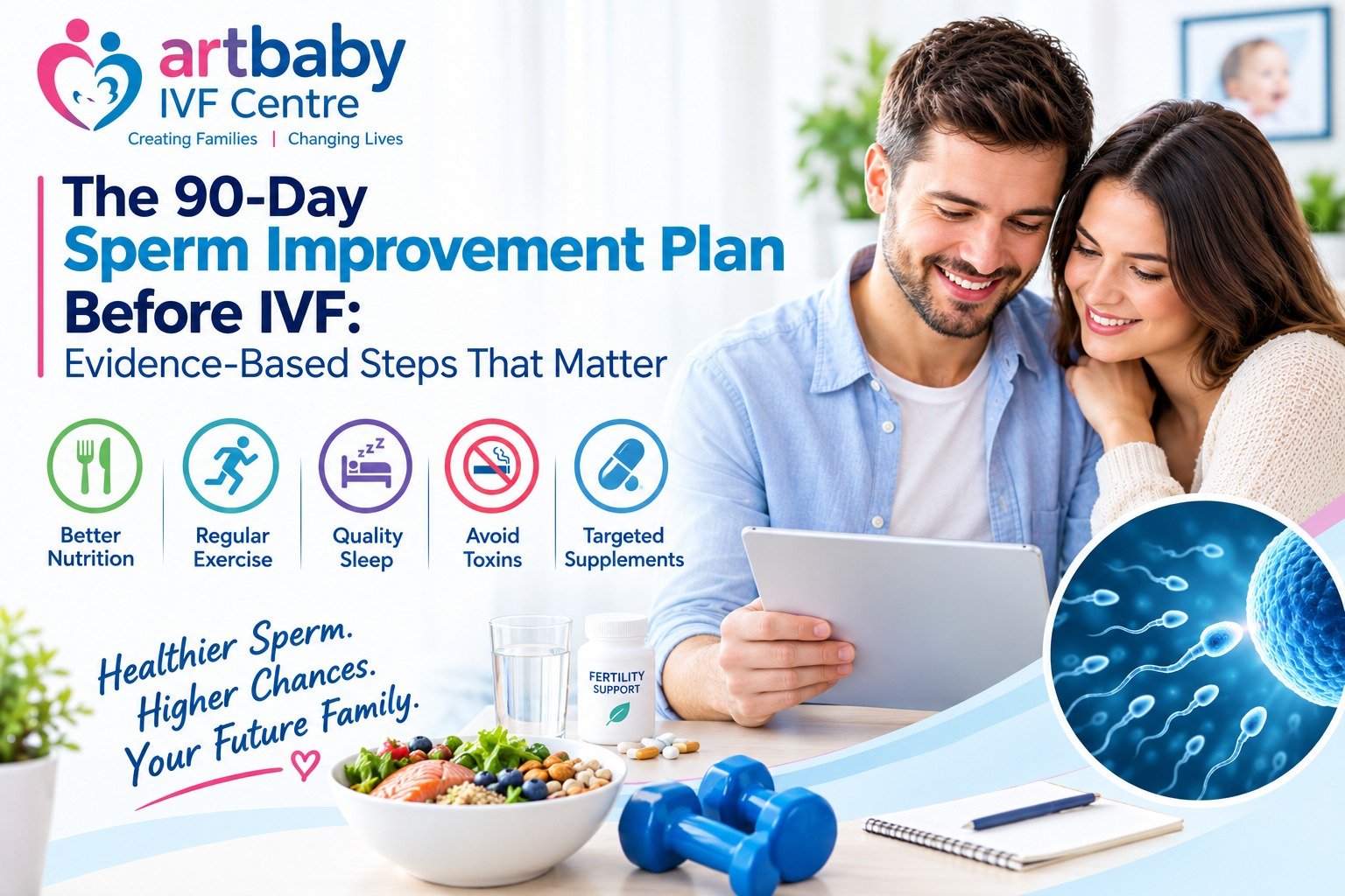 Artbaby IVF Centre – The 90-Day Sperm Improvement Plan Before IVF, featuring evidence-based lifestyle tips for sperm health, including better nutrition, regular exercise, quality sleep, toxin avoidance, and targeted supplements.