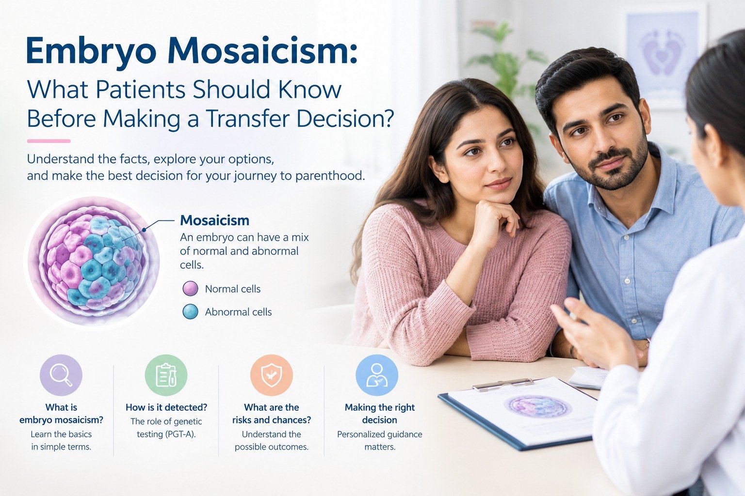 Embryo Mosaicism: What Patients Should Know Before Making a Transfer Decision – understanding embryo genetic testing, PGT-A results, potential risks, and personalized IVF embryo transfer decisions.